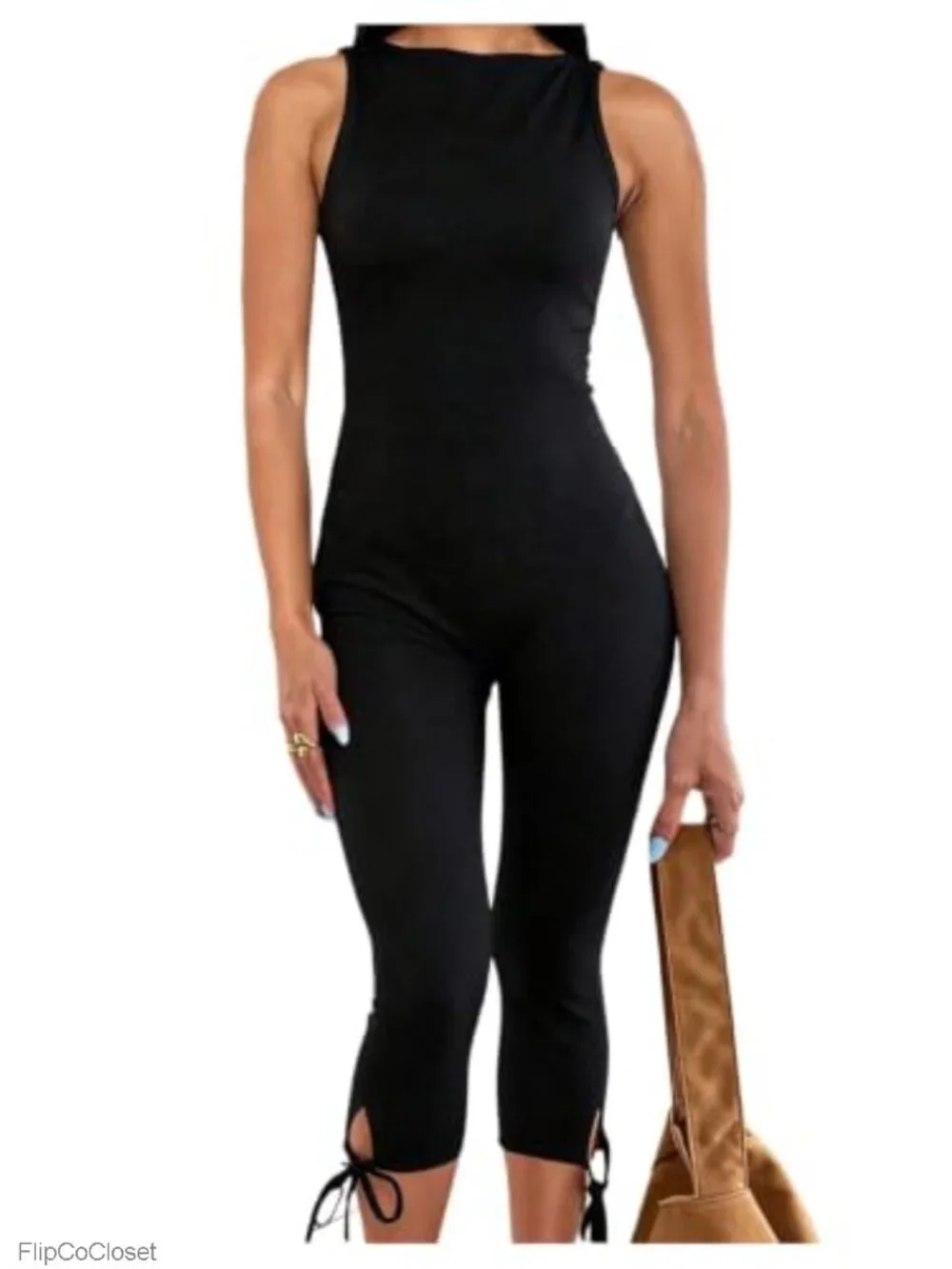 Womens Backless Capri Jumpsuits Tie Knot One Piece Bodycon Romper Summer